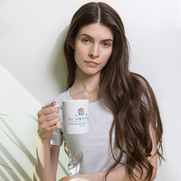 Ten Years of RainbowBiz White glossy mug